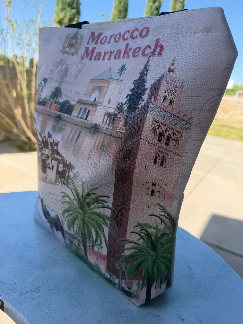 Morocco Marrakech Printed Canvas Tote Bag - Beige & Brown